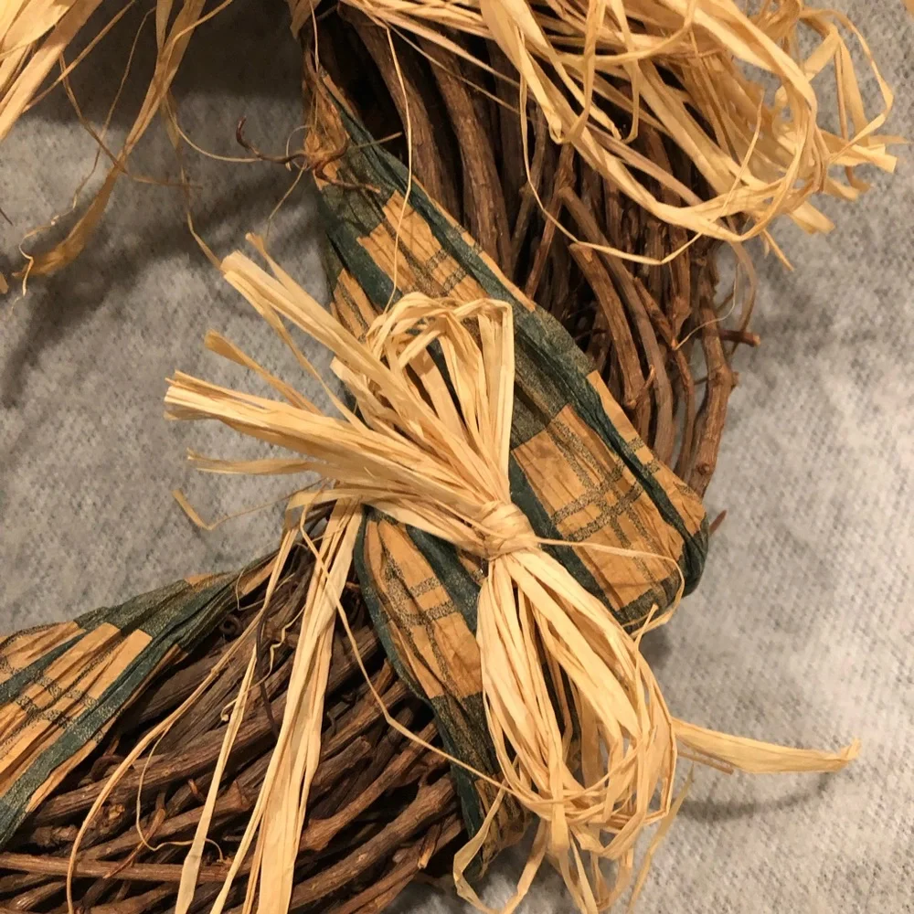 NWOT - Charming Rustic-look Plaid Doll Wreath with Raffia Trim